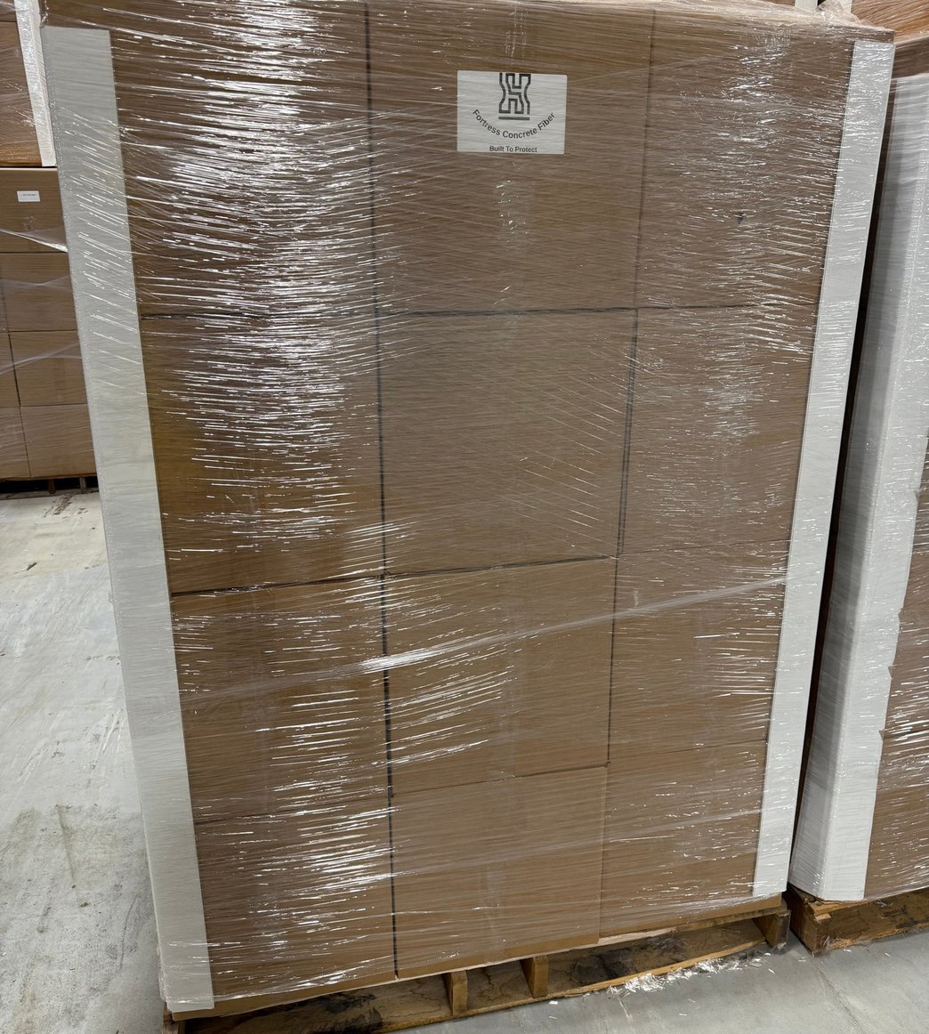 A shrink-wrapped pallet of Fortress Concrete Fiber with its label